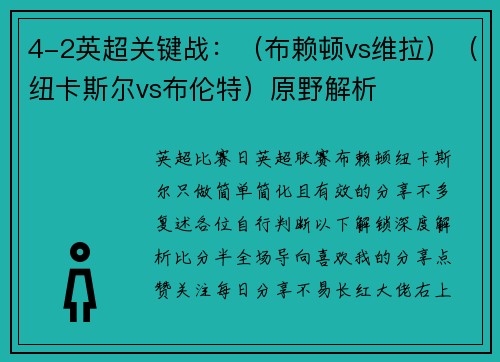 4-2英超关键战：（布赖顿vs维拉）（纽卡斯尔vs布伦特）原野解析
